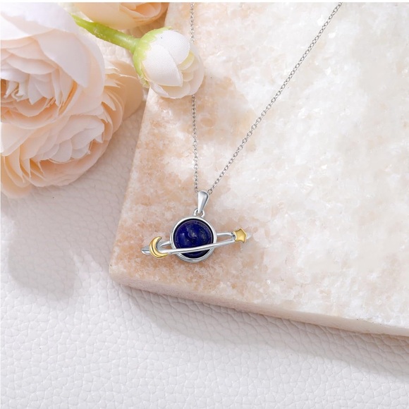 14k Natural Lapis Lazuli Planet and Night Sky Pendant Necklace - Picture 4 of 7
